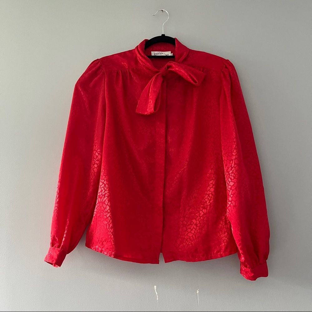 Vintage Red Animal Print Blouse Long Sleeve Button Front Bow Neck Size 8